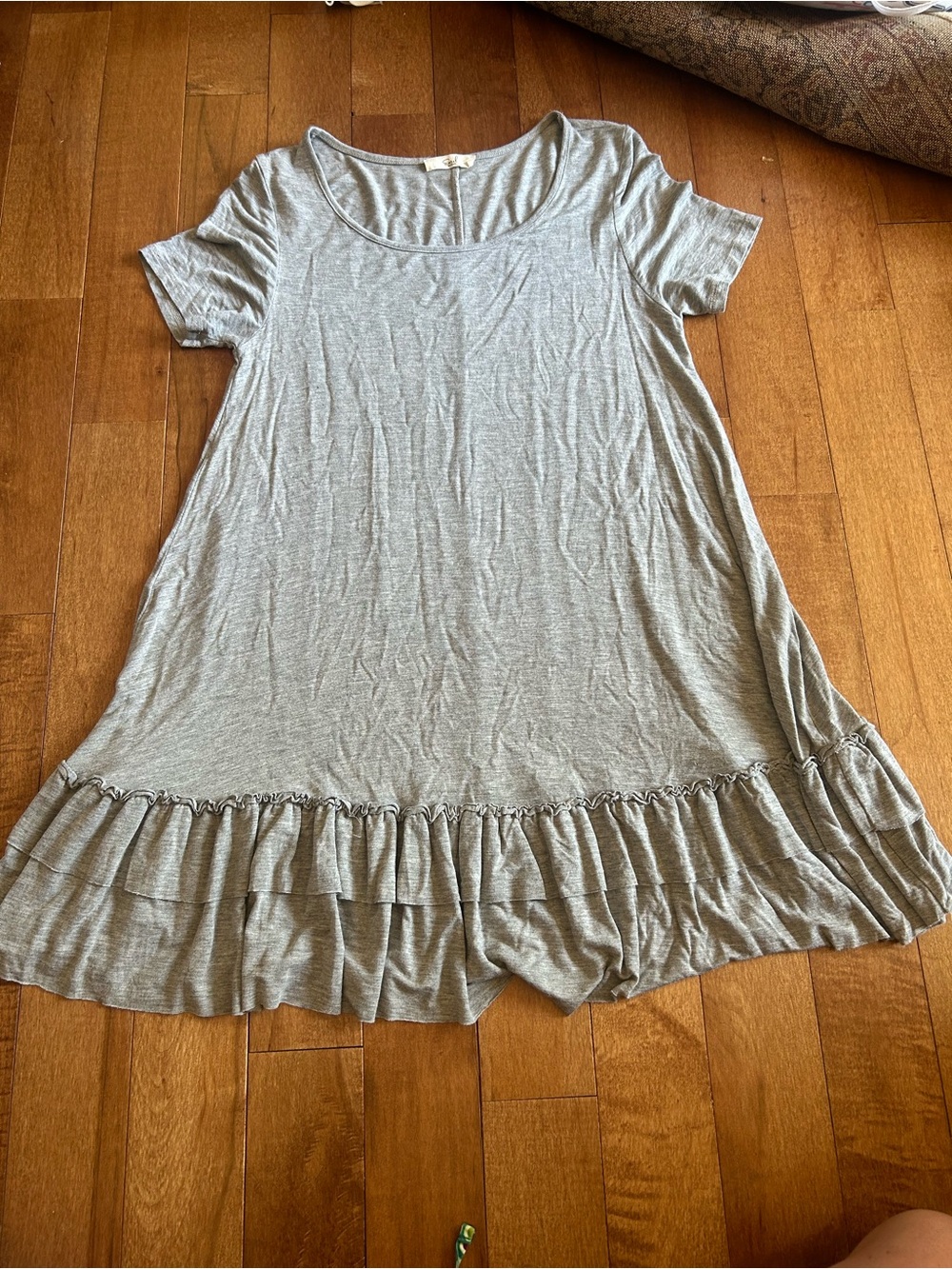 Easel Los Angeles Grey Ruffle Knit Mini Dress Tunic Top Flowy Lightweight